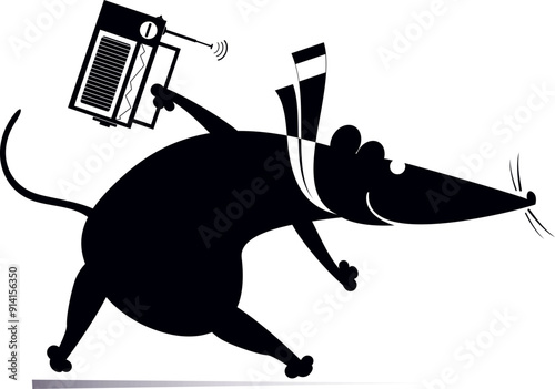 Funny rat or mouse holding a radio. 
Cartoon rat or mouse listening to music by vintage radio. Black and white illustration
