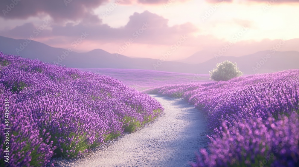 A scenic road through a lavender field, with vibrant purple flowers and space for a romantic message. A scenic road through a lavender field, with vibrant purple flowers and space for a romantic message.