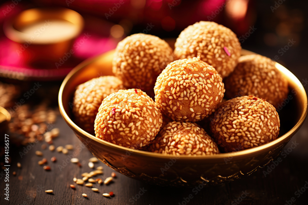 Indian festival Makar Sankranti - Tilgul in small bowl Indian festival Makar Sankranti - Tilgul in small bowl
