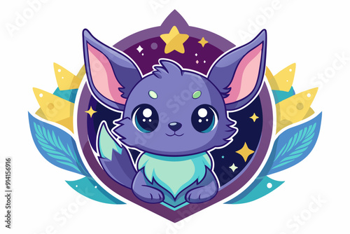 Cute Purple Cartoon Fox with Large Eyes Against a Starry Night Sky