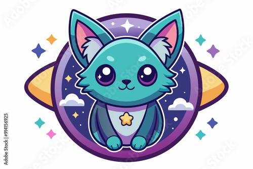 Cute Cartoon Cat with Big Eyes in Outer Space