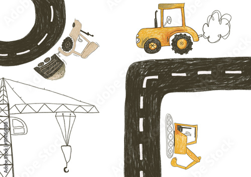 Heavy construction equipment in the city, road repair, asphalt pavement.