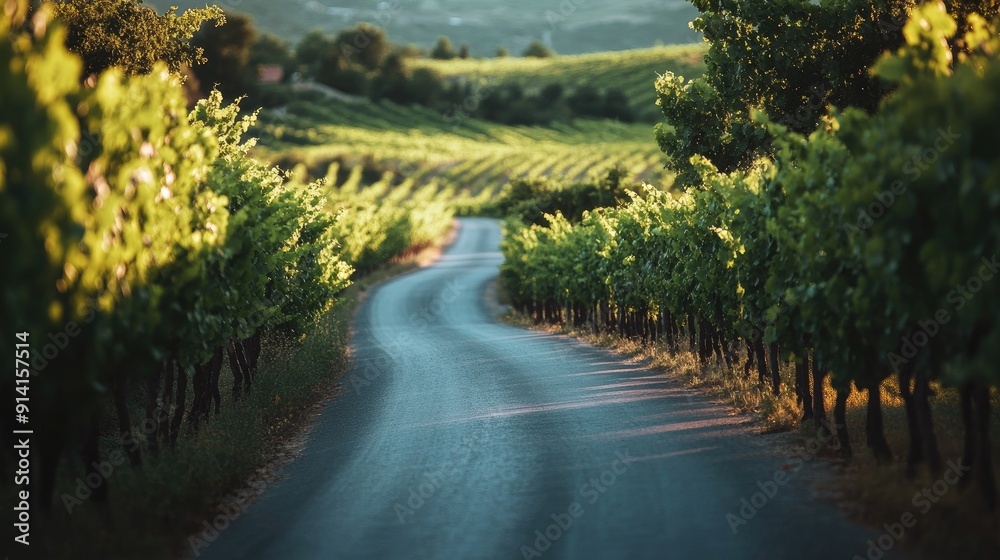 A scenic road through a vineyard, with lush grapevines and a soft focus area for text. Perfect for wine and travel themes. A scenic road through a vineyard, with lush grapevines and a soft focus area for text. Perfect for wine and travel themes.