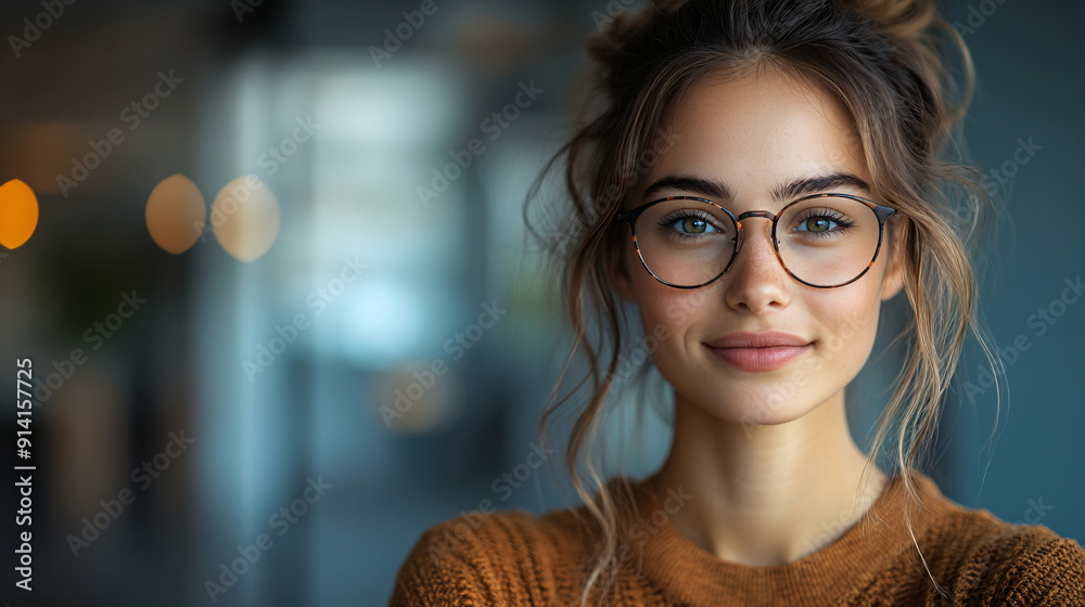 portrait of a pretty woman with blond hair and glasses on a blue background portrait of a pretty woman with blond hair and glasses on a blue background