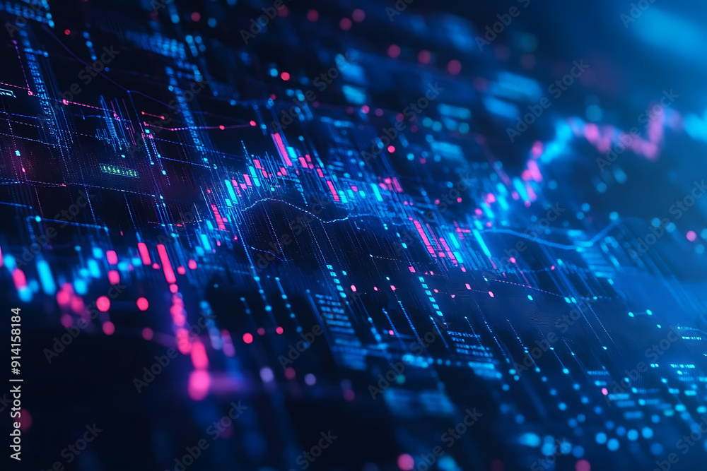 An abstract digital background banner featuring stock exchange elements, highlighted by connecting data points in blue and black colors