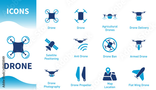 Drone icons. Set of flycam icons, agricultural drones, delivery drones, photography, drone ban, anti drone, maps. Solid vector icons.