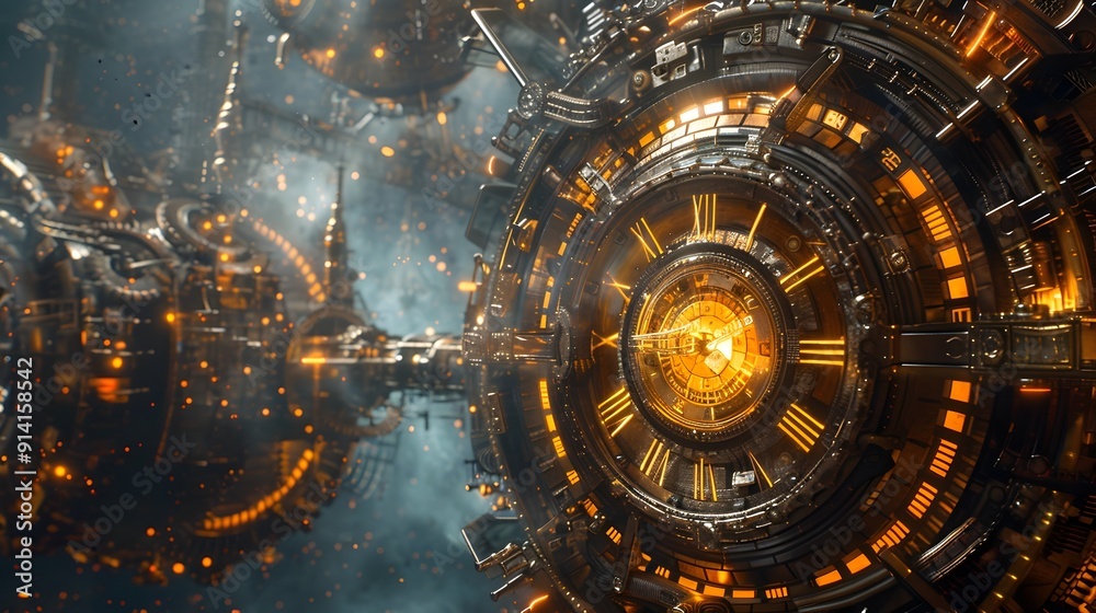 Obraz premium Steampunk Clockwork City with Transparent Gears and Cogs Time Concept