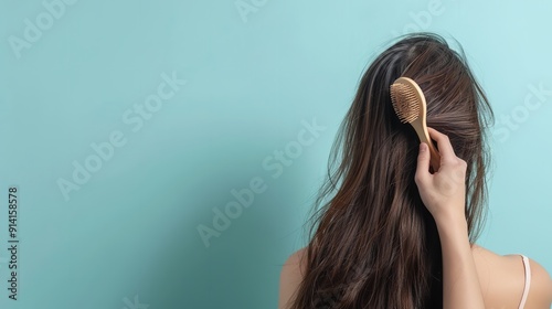 Close-up of a woman brushing out her fallen hair on a pale blue background. Text space, Generative AI.