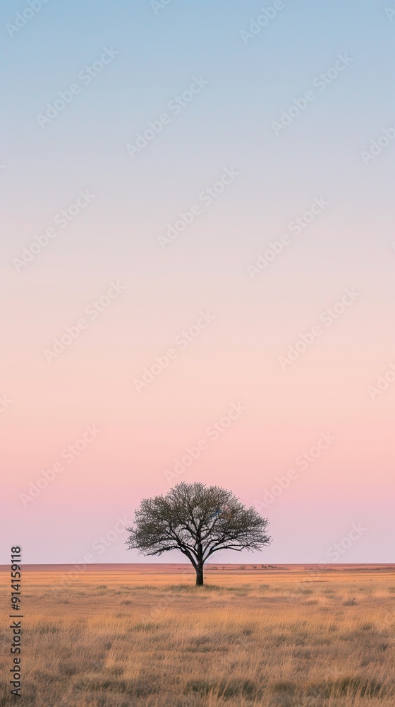acacia tree in the savannah, with a clear sky and a pinkish tint on one side acacia tree in the savannah, with a clear sky and a pinkish tint on one side