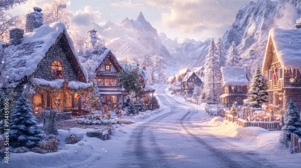 A snowy road in a charming alpine village, with cozy houses and a festive atmosphere, offering space for a holiday message.