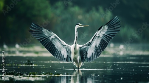 Reiher mit ausgebreiteten Flügeln – Majestätischer Moment am Wasser photo