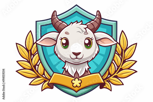 Cartoon Goat with Golden Laurel Wreath and Shield