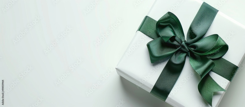 Top view of a white gift box with a green ribbon bow on a white background suitable for both Christmas and birthday celebrations with space for additional imagery Top view of a white gift box with a green ribbon bow on a white background suitable for both Christmas and birthday celebrations with space for additional imagery