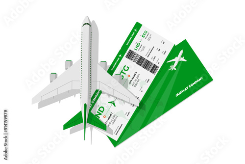 Passenger plane flying above airplane green ticket. Air travel boarding pass sign concept. Flight tourism journey booking icon. Airways company document isolated eps symbol