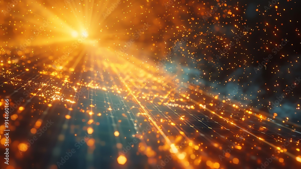 Illustration of sunlight photons hitting solar panels, generating electric current, Sunlight Photocells Electricity, Scientific Visualization Illustration of sunlight photons hitting solar panels, generating electric current, Sunlight Photocells Electricity, Scientific Visualization