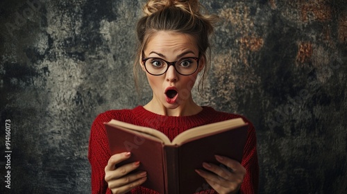 Shocked reader with wide eyes and open mouth gasps while holding an open book, wearing a red sweater against a textured background. Surprise and wonder captured. photo