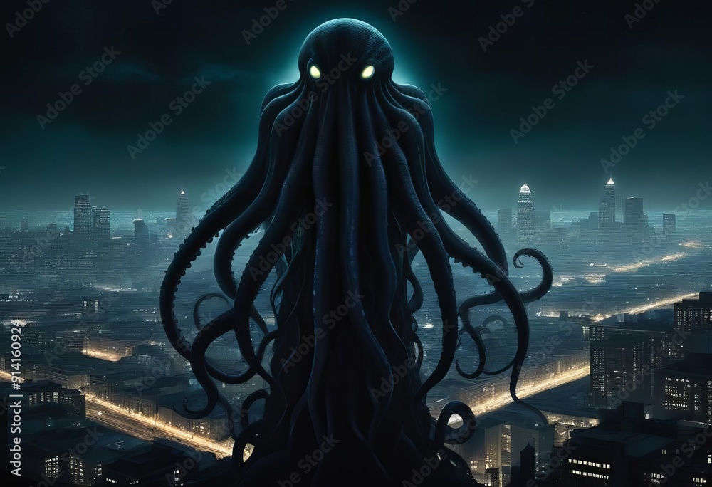A tentacled titan, slick and shadowy in noir tones A tentacled titan, slick and shadowy in noir tones