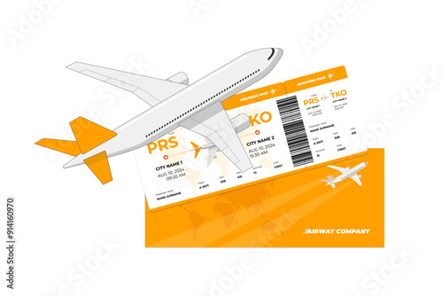 Passenger plane flying above airplane yellow ticket. Air travel boarding pass sign concept. Flight tourism journey booking icon. Airways company document isolated eps symbol