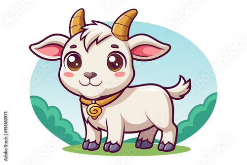 Adorable Cartoon Goat with a Golden Bell on a Green Meadow