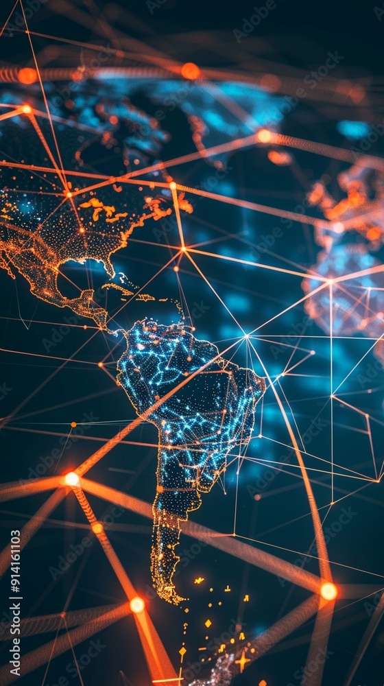 Global digital network visualization: illuminated map of South America with glowing connection lines, symbolizing worldwide data exchange and interconnectivity. Global digital network visualization: illuminated map of South America with glowing connection lines, symbolizing worldwide data exchange and interconnectivity.
