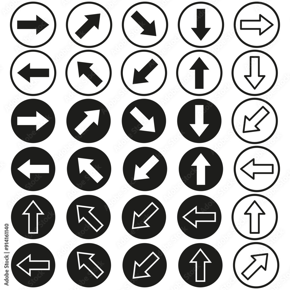 Multiple arrow icons. Black and white. Circular vector design. Directional symbols. Multiple arrow icons. Black and white. Circular vector design. Directional symbols.