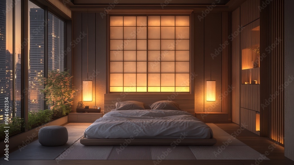 Modern Japanese Bedroom with City View Modern Japanese Bedroom with City View