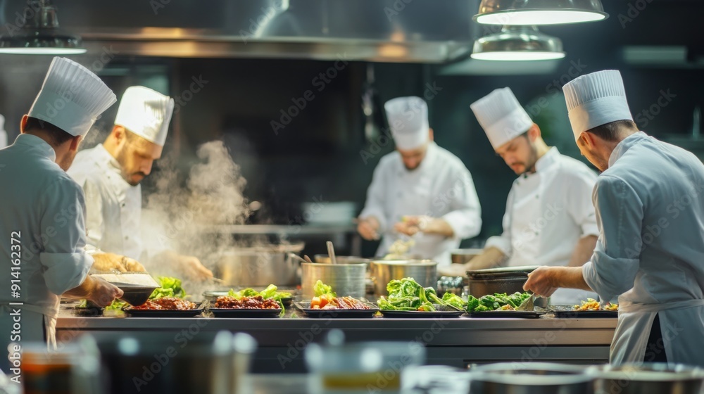 Chefs expertly cook and plate a variety of dishes in a bustling kitchen, focused on quality and presentation during dinner service. Chefs expertly cook and plate a variety of dishes in a bustling kitchen, focused on quality and presentation during dinner service.