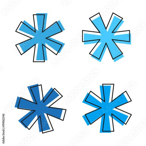 Blue asterisk icons. Abstract geometric shapes. Multiple shades. Vector illustration.