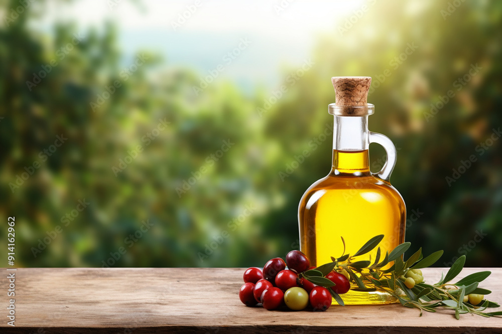 A bottle of olive oil with a wooden top A bottle of olive oil with a wooden top