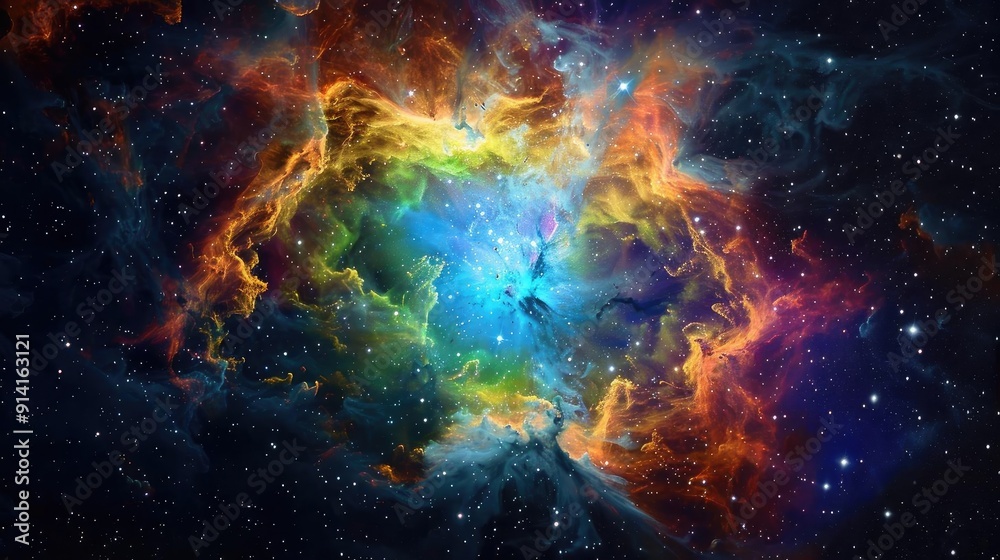 Fototapeta premium A stunning cosmic nebula filled with vibrant colors and starry backdrop, depicting the beauty of the universe.