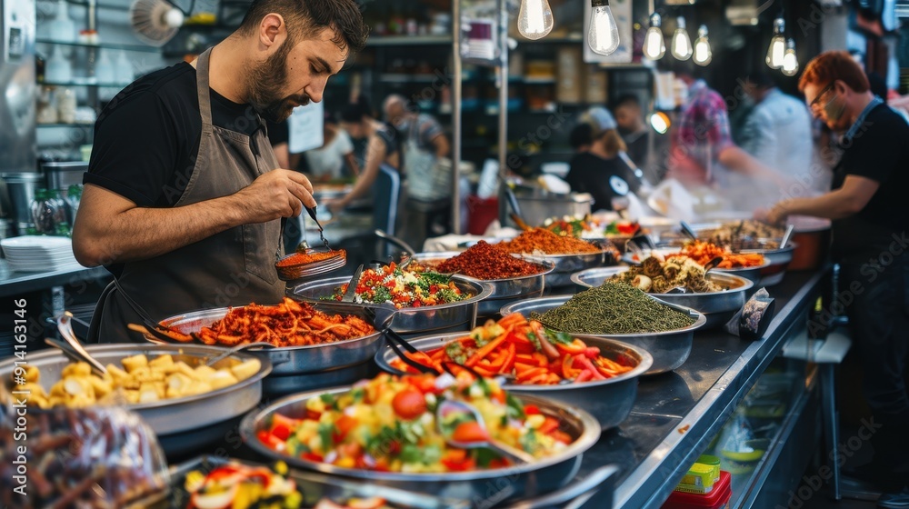 Obraz premium A chef prepares vibrant dishes at a bustling market stall filled with fresh ingredients