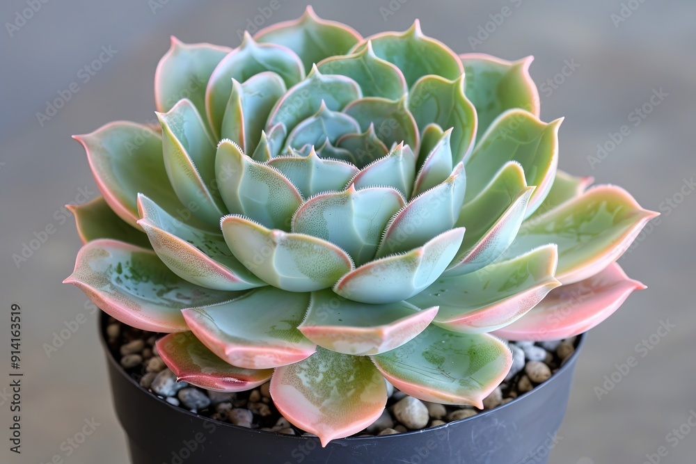Close-up of a green succulent with pink edges in a black pot. Close-up of a green succulent with pink edges in a black pot.