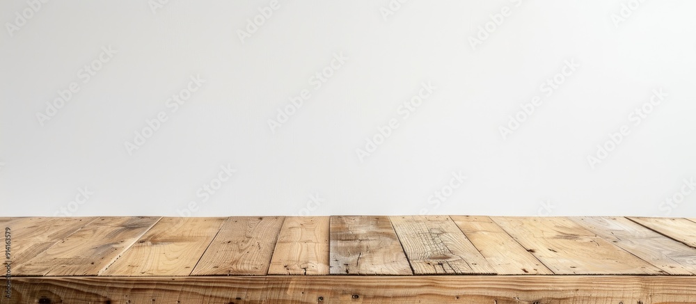 Front view of an empty wooden table with a white background perfect for incorporating a copy space image
