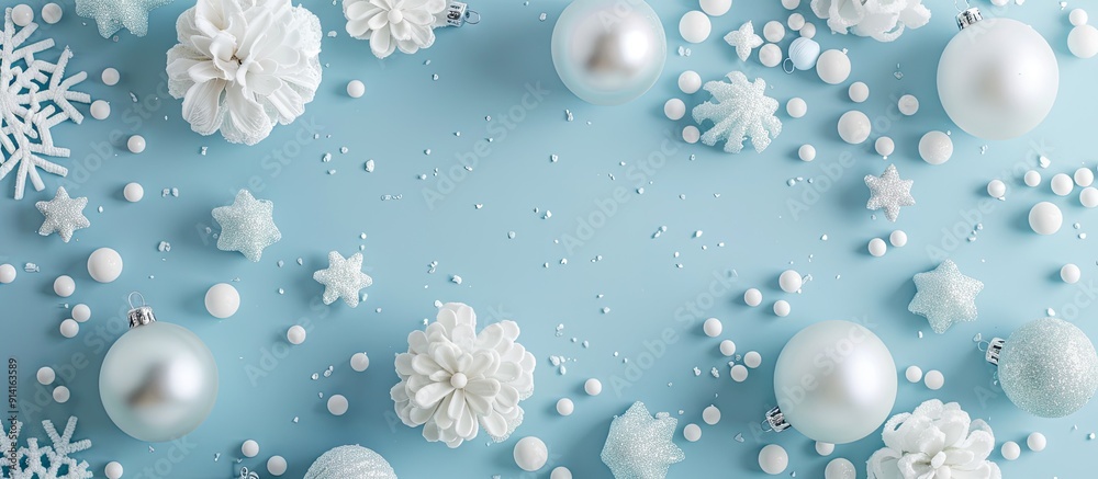 A festive arrangement of white decorations on a soft blue backdrop ideal for holiday promotions Flat lay shot from above with ample copy space image A festive arrangement of white decorations on a soft blue backdrop ideal for holiday promotions Flat lay shot from above with ample copy space image
