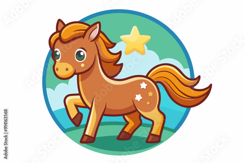 Cartoon Brown Horse with a Star in a Circular Frame
