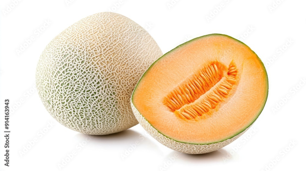 A whole cantaloupe melon, alongside a halved one showing the orange flesh and seeds, on a white background.