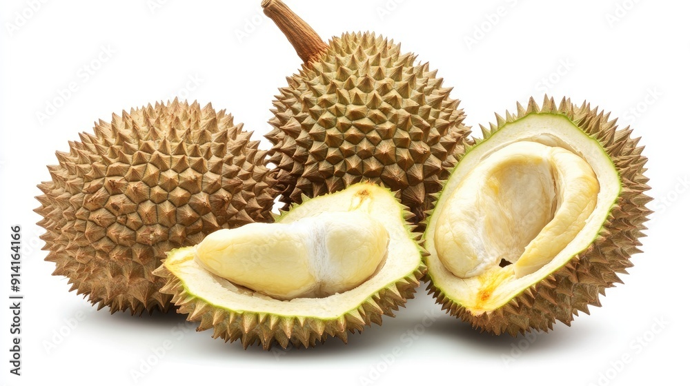 Fototapeta premium A whole durian fruit, with a spiky exterior and a cut revealing its creamy interior, on a white background.