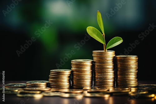 Investment ideas and business growth. Stacked coins with plants