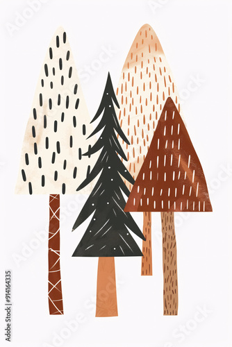 Stylized Minimalist Trees with Unique Patterns on Trunks and Leaves, Abstract Nature Illustrations for Modern Graphic Design photo