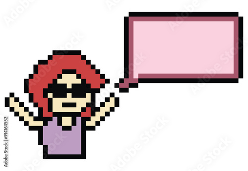 Vector Cute pixel 8bit character woman with chat blank say talk vector decoration 8 bit female girl think speak discuss idea chat box cartoon pixel game png vector.