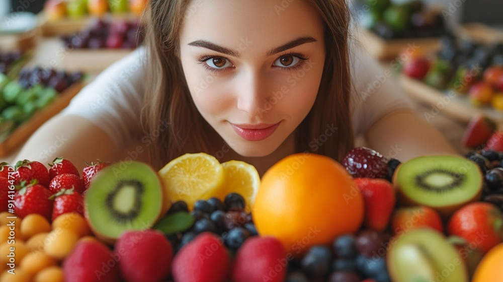 A vibrant array of fresh fruits surrounds a young woman's smiling face, her eyes sparkling with joy as she leans in close, embodying health and vitality in this colorful composition. A vibrant array of fresh fruits surrounds a young woman's smiling face, her eyes sparkling with joy as she leans in close, embodying health and vitality in this colorful composition.