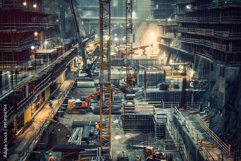 A Construction Site at Night, Illuminated by Floodlights. A Construction Site at Night, Illuminated by Floodlights.