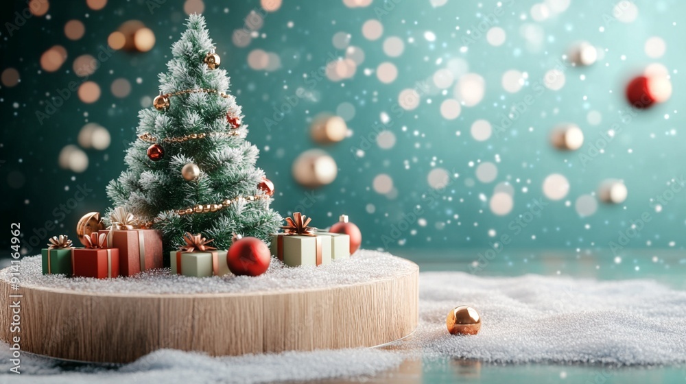 Festive miniature Christmas tree adorned with ornaments and surrounded by wrapped gifts on a wooden platform, set against a snowy teal backdrop with bokeh lights. Festive miniature Christmas tree adorned with ornaments and surrounded by wrapped gifts on a wooden platform, set against a snowy teal backdrop with bokeh lights.