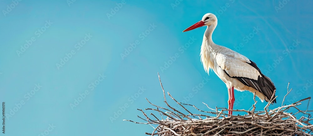 Fototapeta premium A white stork with a red beak perched on a nest crafted from small brown twigs against a sunny spring backdrop with a vivid blue sky including copy space for text or images