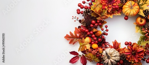 A picturesque fall wreath displaying flowers berries and fruits against a white backdrop leaving room for text in the image. Creative banner. Copyspace image
