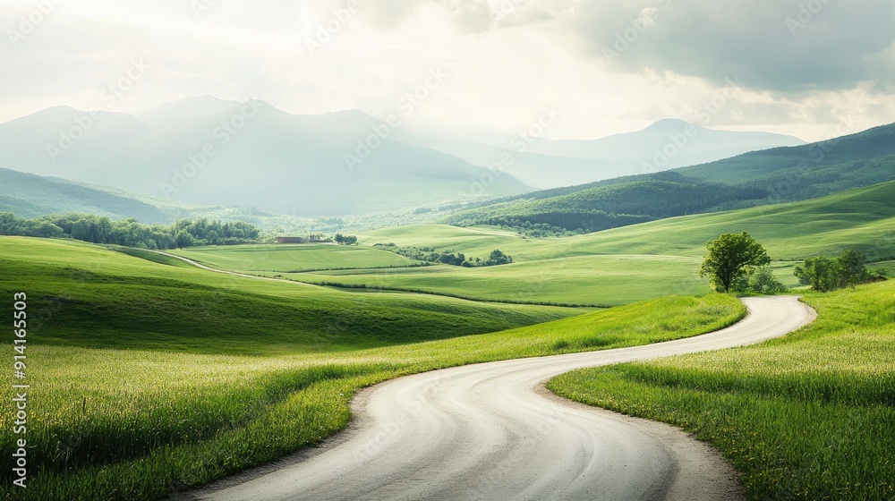 Naklejka premium A winding road through a picturesque valley, with green fields and a clear sky, offering space for text.