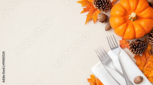 Fototapeta Naklejka Na Ścianę i Meble -  A white plate with three forks is surrounded by vibrant autumn leaves, pumpkins, and pinecones, creating a festive fall atmosphere perfect for a seasonal meal