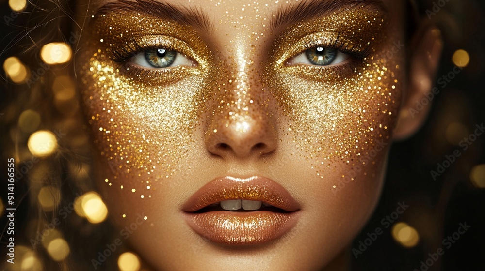 Mesmerizing close-up of a face adorned with shimmering gold glitter makeup, piercing blue eyes captivate against a backdrop of soft, twinkling lights. Mesmerizing close-up of a face adorned with shimmering gold glitter makeup, piercing blue eyes captivate against a backdrop of soft, twinkling lights.