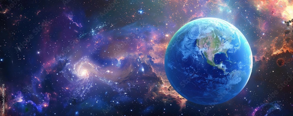 Obraz premium A stunning view of Earth amidst a vibrant cosmic backdrop filled with stars and galaxies, showcasing the beauty of our universe.