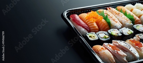 A sushi tray displayed on a sleek black background promoting the take away theme with available copy space for text or images